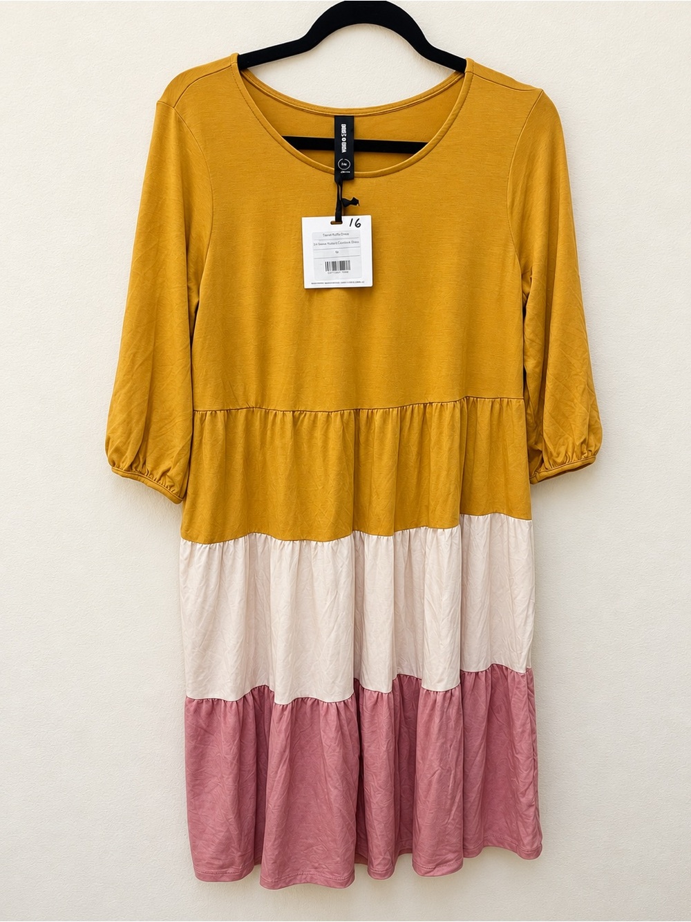 Agnes & Dora Mustard Colorblock Tiered Dress with Cream and Dusty Pink